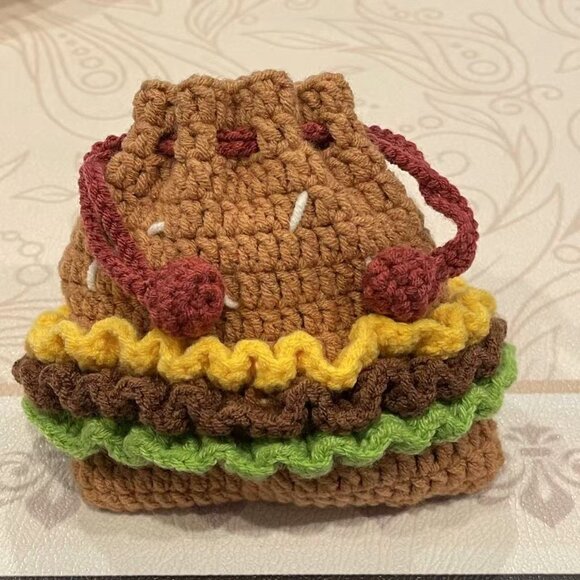 Hand-crocheted Hamburger Drawstring Pouch 5.75*5" - Picture 1 of 5